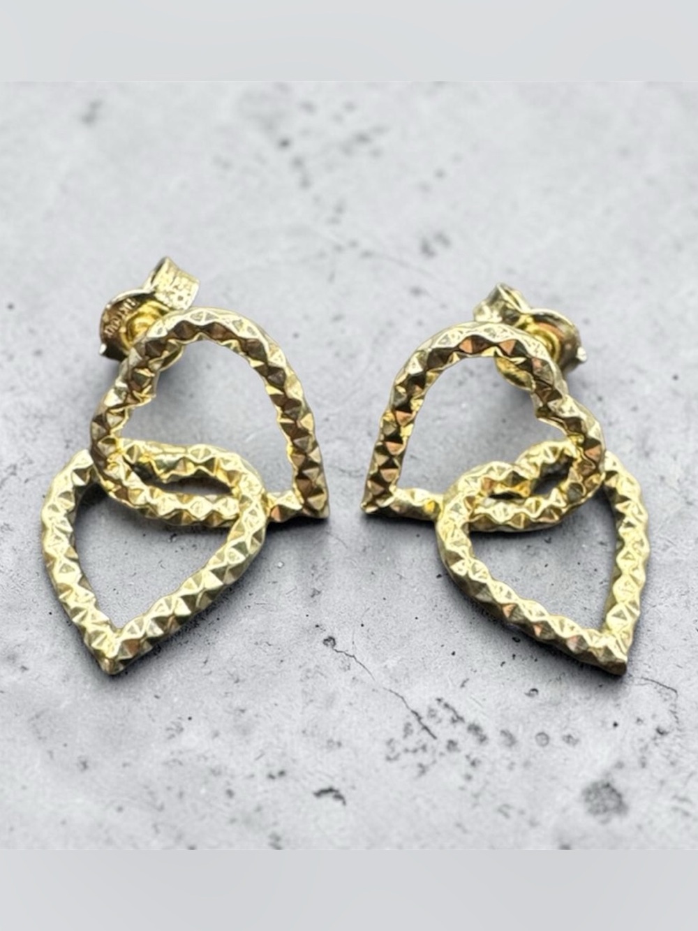 14k Gold Textured Double Heart Stud Earrings